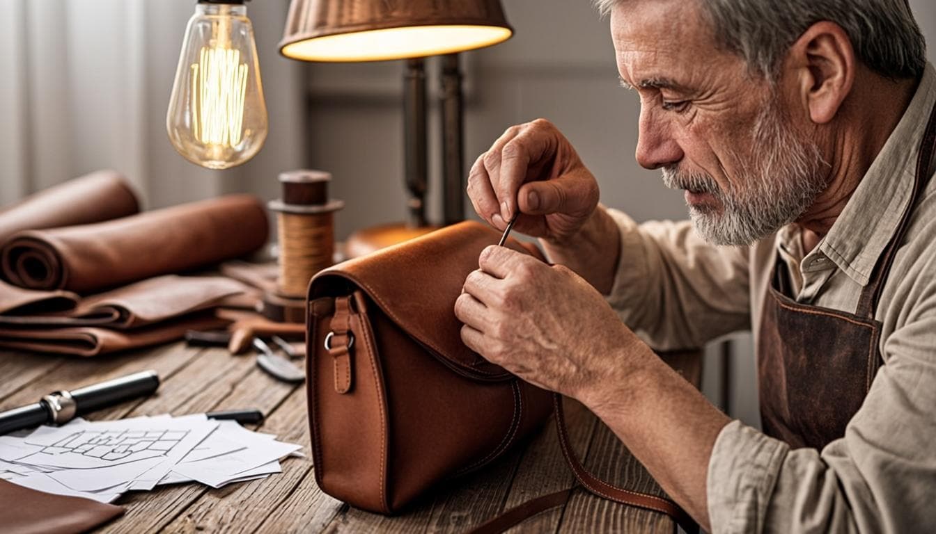 Artisan maroquinier travaillant le cuir à la main dans l'atelier FATIMA STYLE CUIR